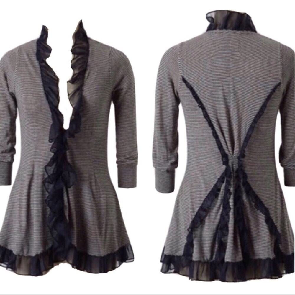Anthropologie Guinevere Navy Blue Striped Ruffle Cardigan